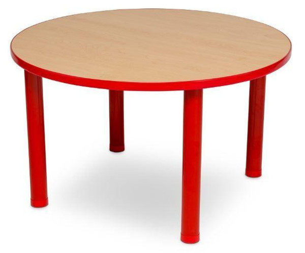 Playscapes Children's Classroom Tables - Square or Round, round children's table with a light wooden top and red legs.